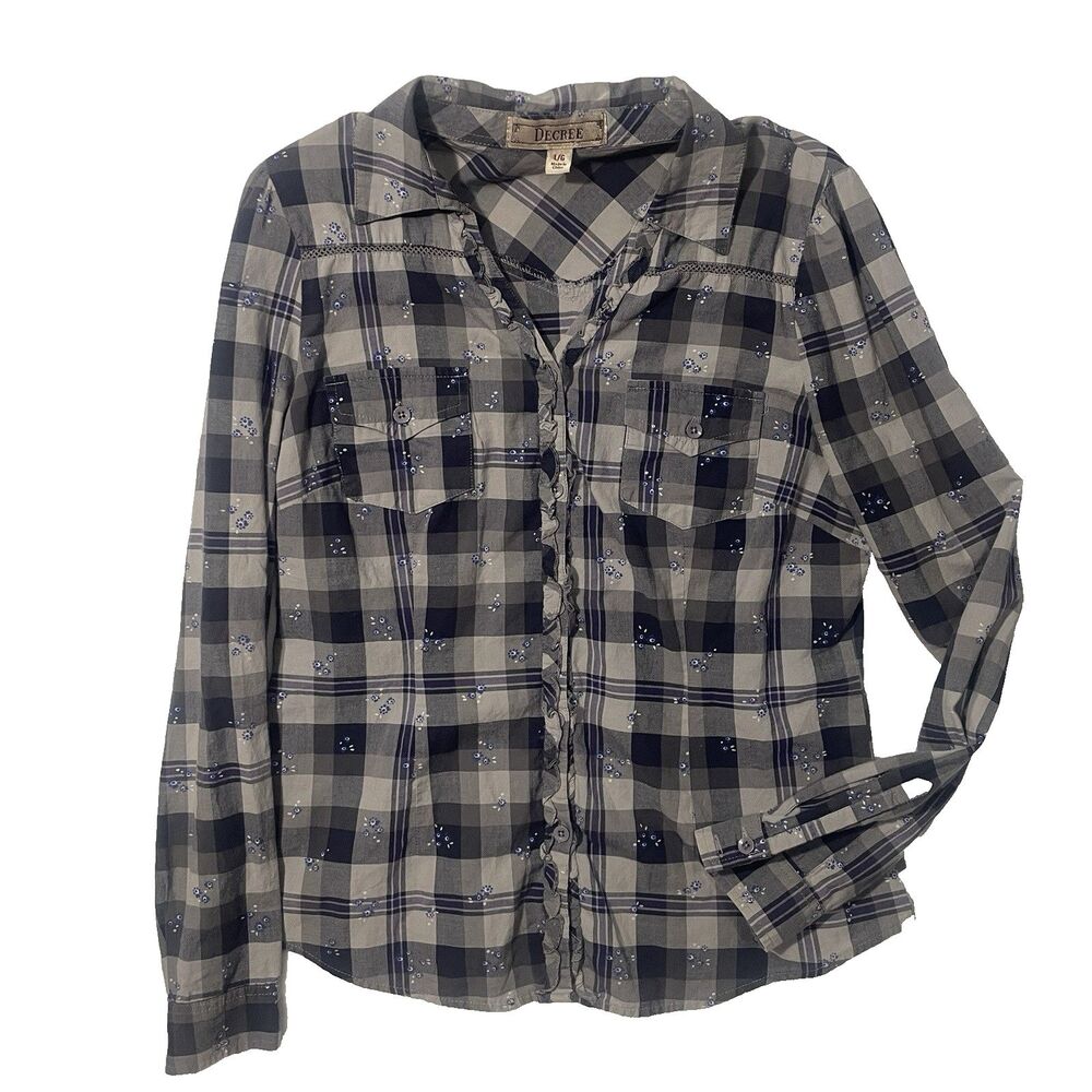 Y2K Decree Purple & Gray Floral Plaid Long Sleeve Button-Up Shirt Size Large